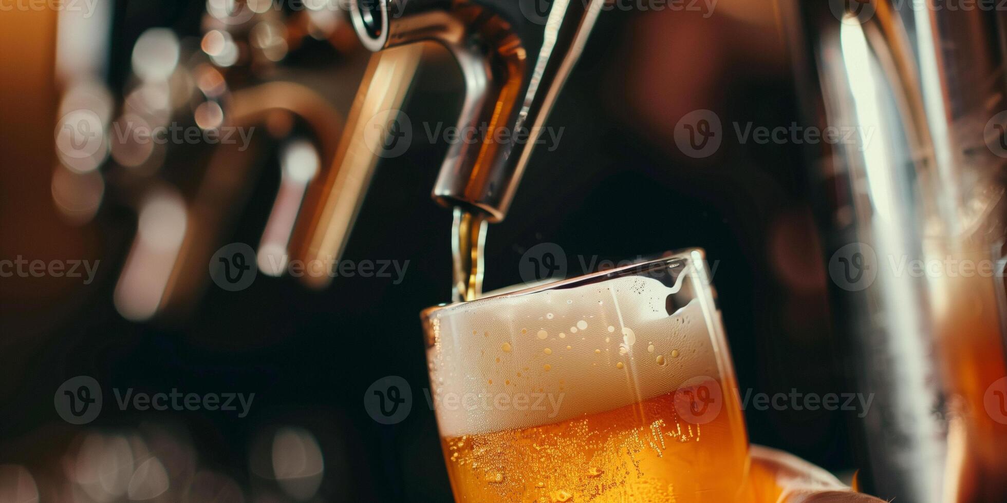 Close-up shot of craft beer being poured into a glass from a bottle, food photography photo