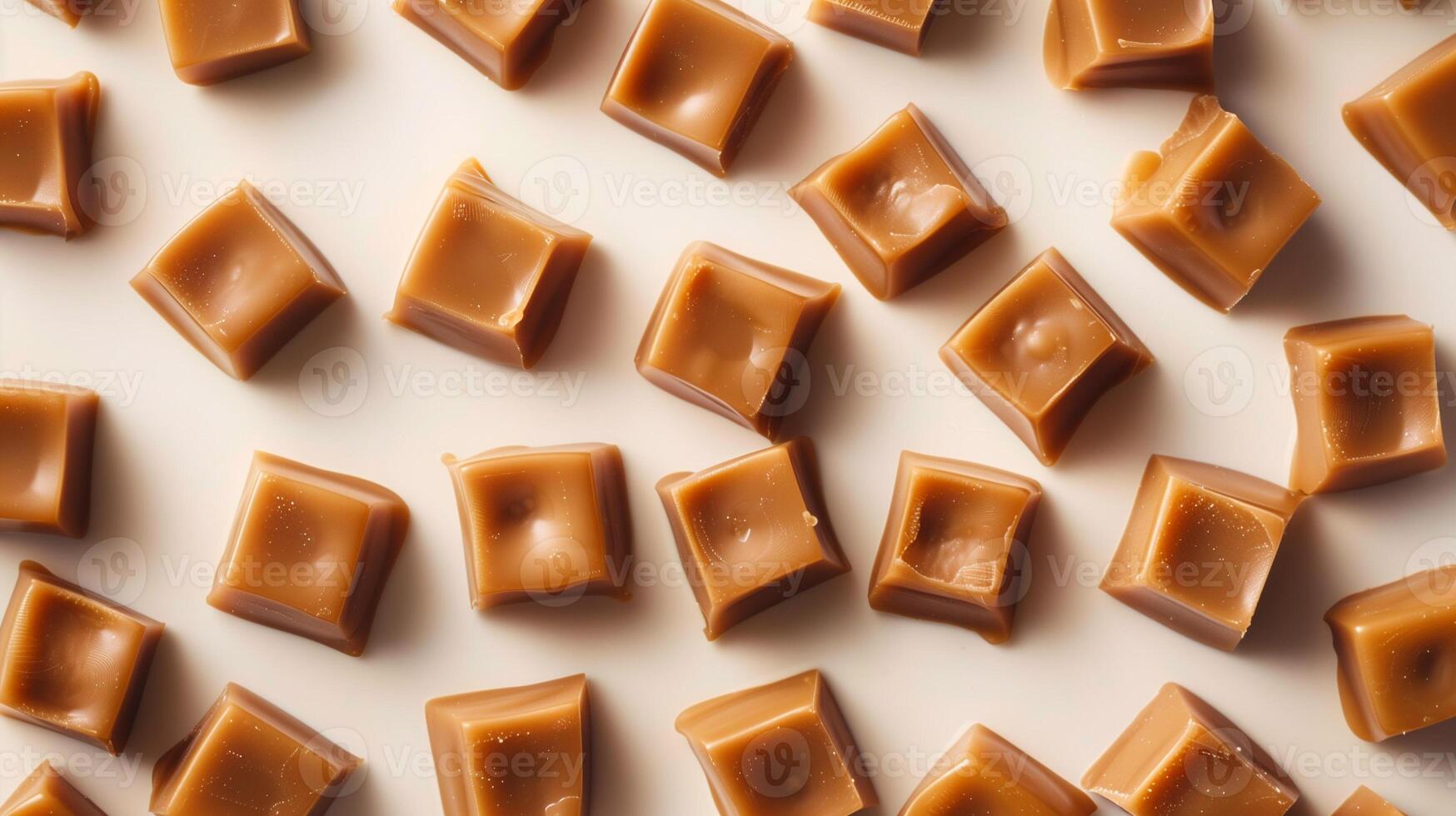 Cluster of caramel candies spread out on a neutral background, showcasing uniformity in shape and color, culinary photography photo