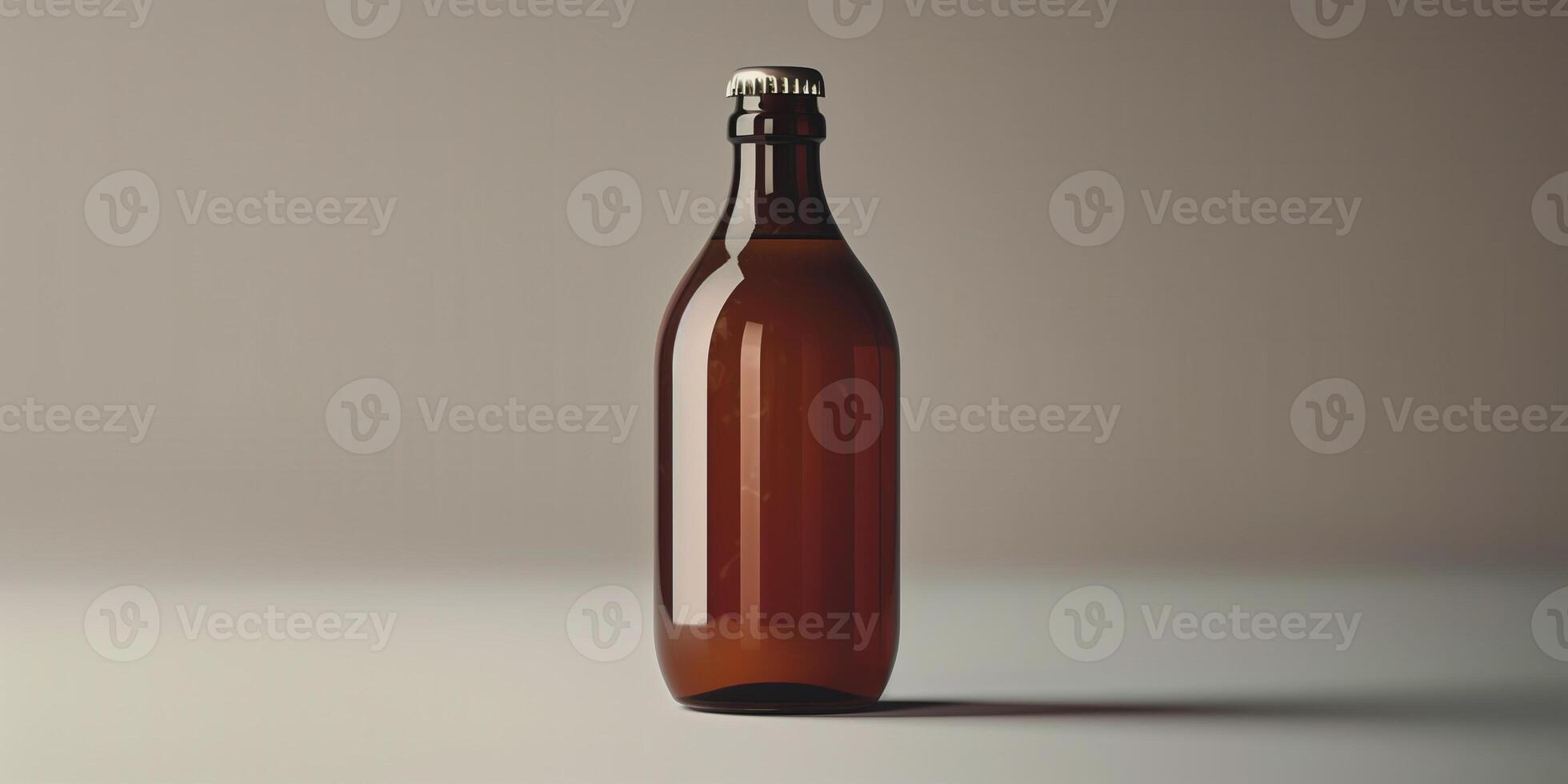 Dark brown kombucha bottle with a simple label, placed on a gray background, culinary photography photo
