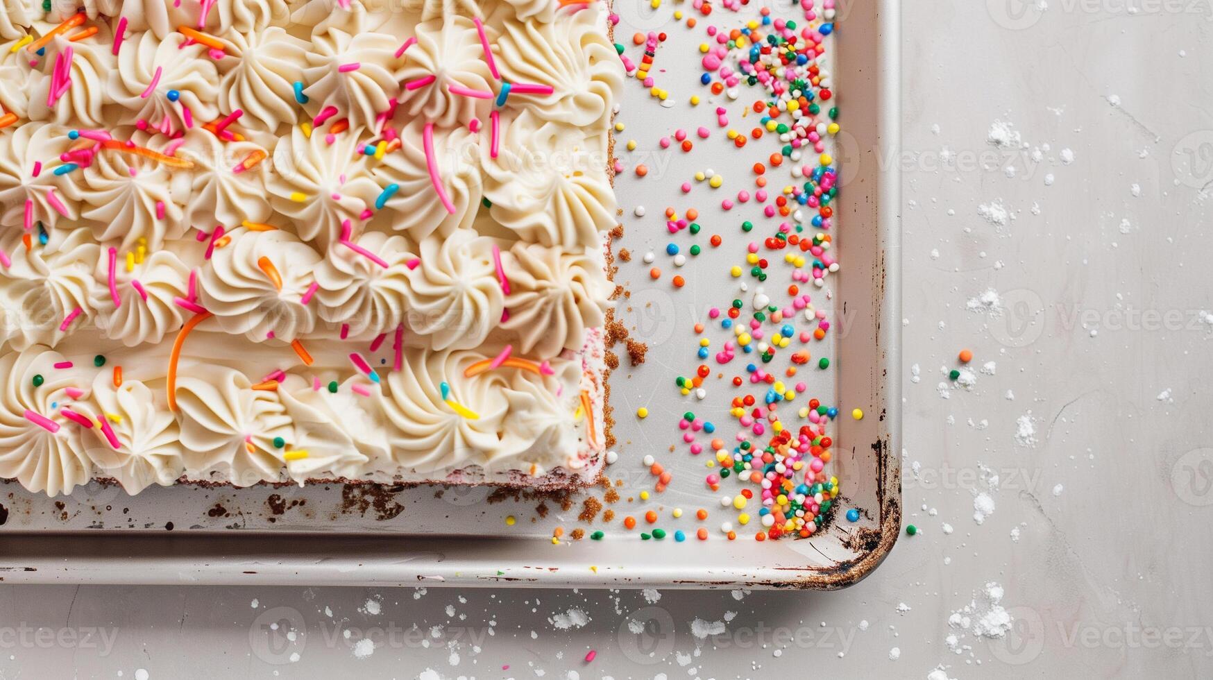 Decorated sheet cake, uncut, resting on a simple baking sheet, food photography photo