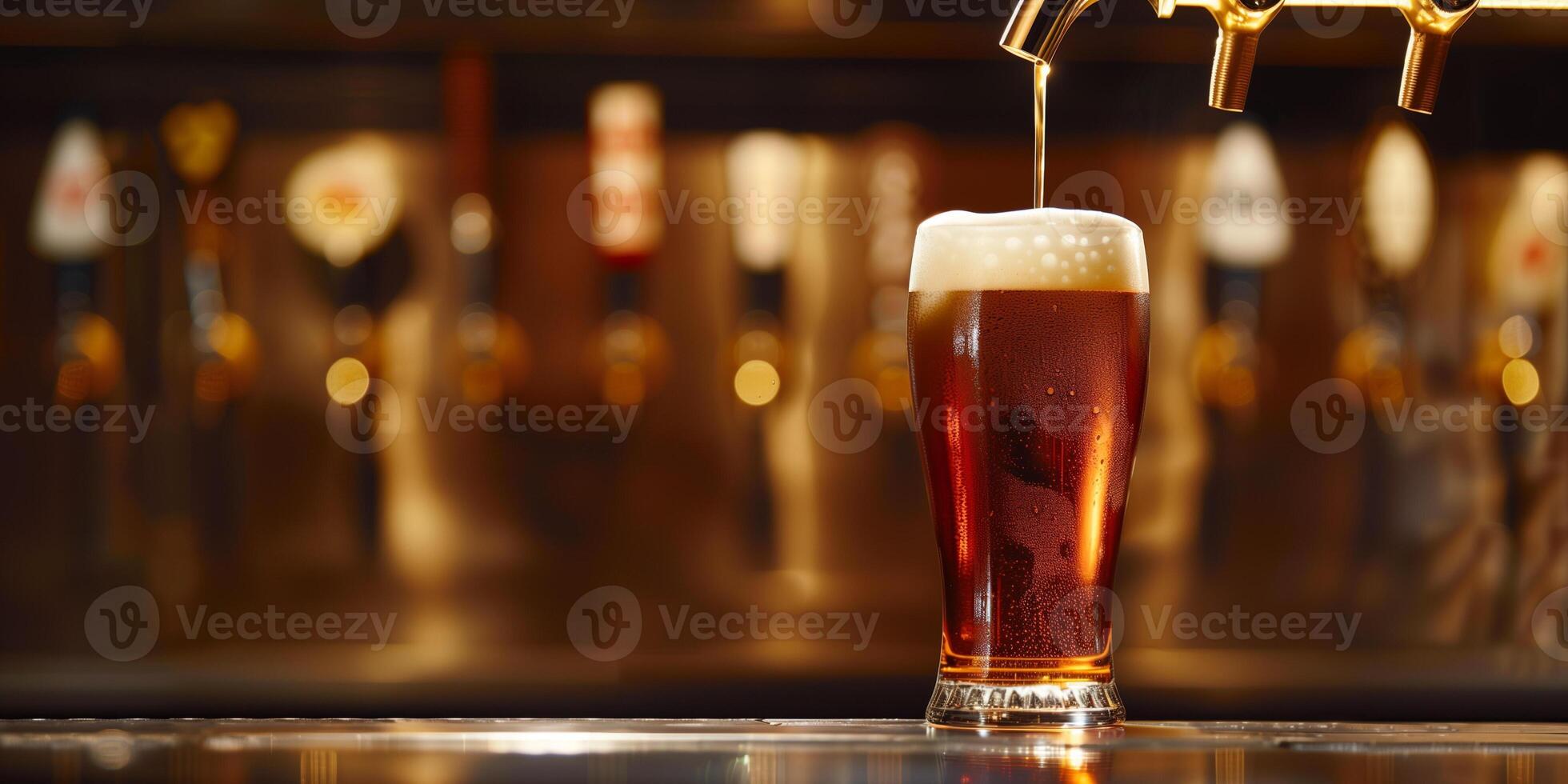 Draft tap dispensing ale into a pint glass, foam forming at the top, culinary photography photo