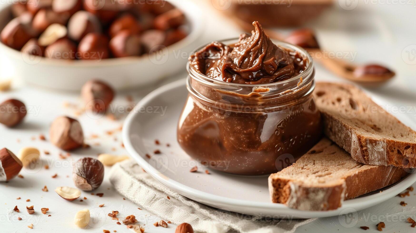 Glass jar of hazelnut spread with dollop on slice of bread on white plate, culinary photography photo