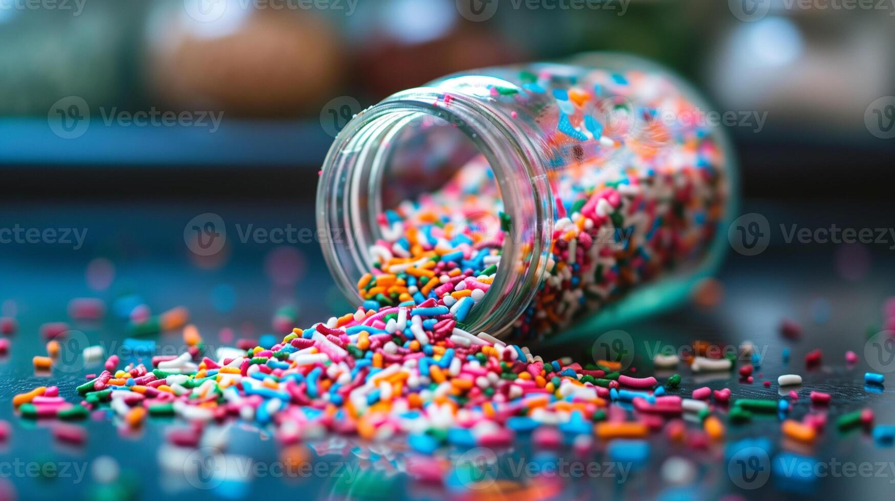 Jar tipped over, releasing sprinkles onto a clean, flat surface, food photography photo
