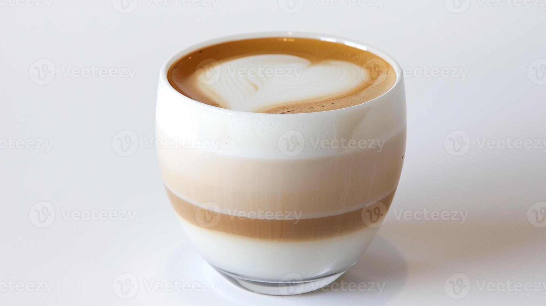 Latte in a white ceramic cup showing layers of steamed milk and espresso, culinary photography photo