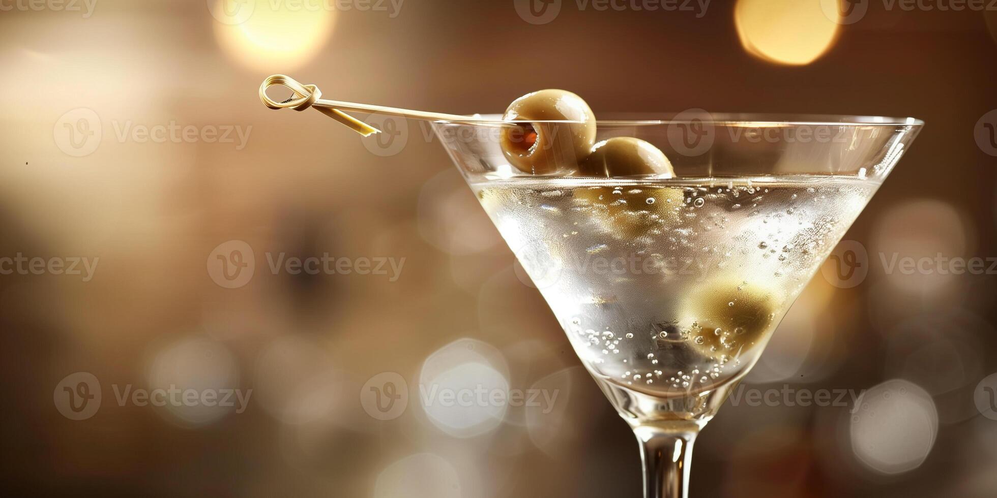 Martini glass with clear liquid and an olive on a toothpick on the rim, food photography photo