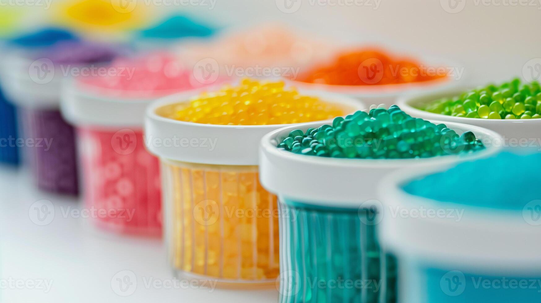 Row of small containers filled with different colors of jimmies, arranged in a line, culinary photography photo