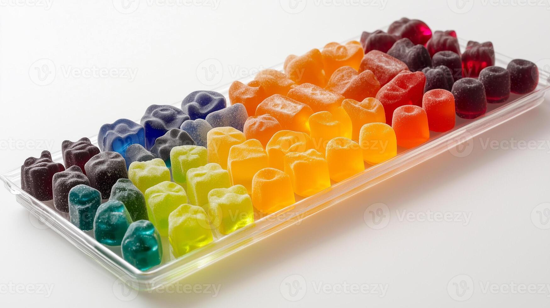 Themed gummy candies in various colors organized in a row on a rectangular tray, food photography photo