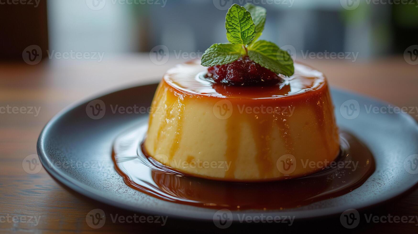 Serving of flan on a plate with caramel sauce and a sprig of mint, culinary photography photo