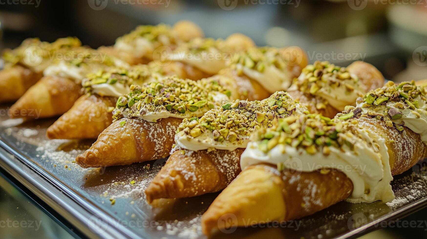 Set of cannoli arranged in a neat row, with each shell filled and ends dipped in pistachio pieces, culinary photography photo