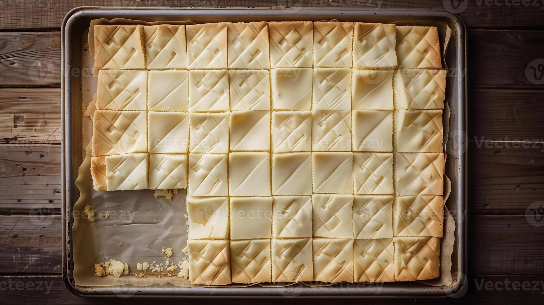 Sheet cake with a simple pattern, partially cut into squares, on a rectangular tray, culinary photography photo