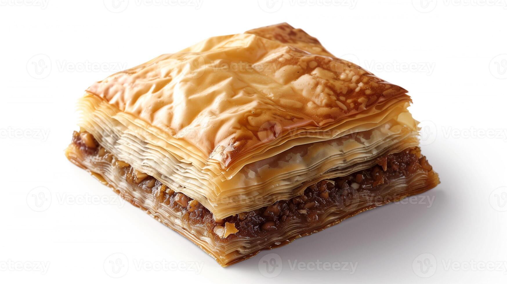 Single baklava piece cut open, revealing layered pastry structure and nut filling, culinary photography photo