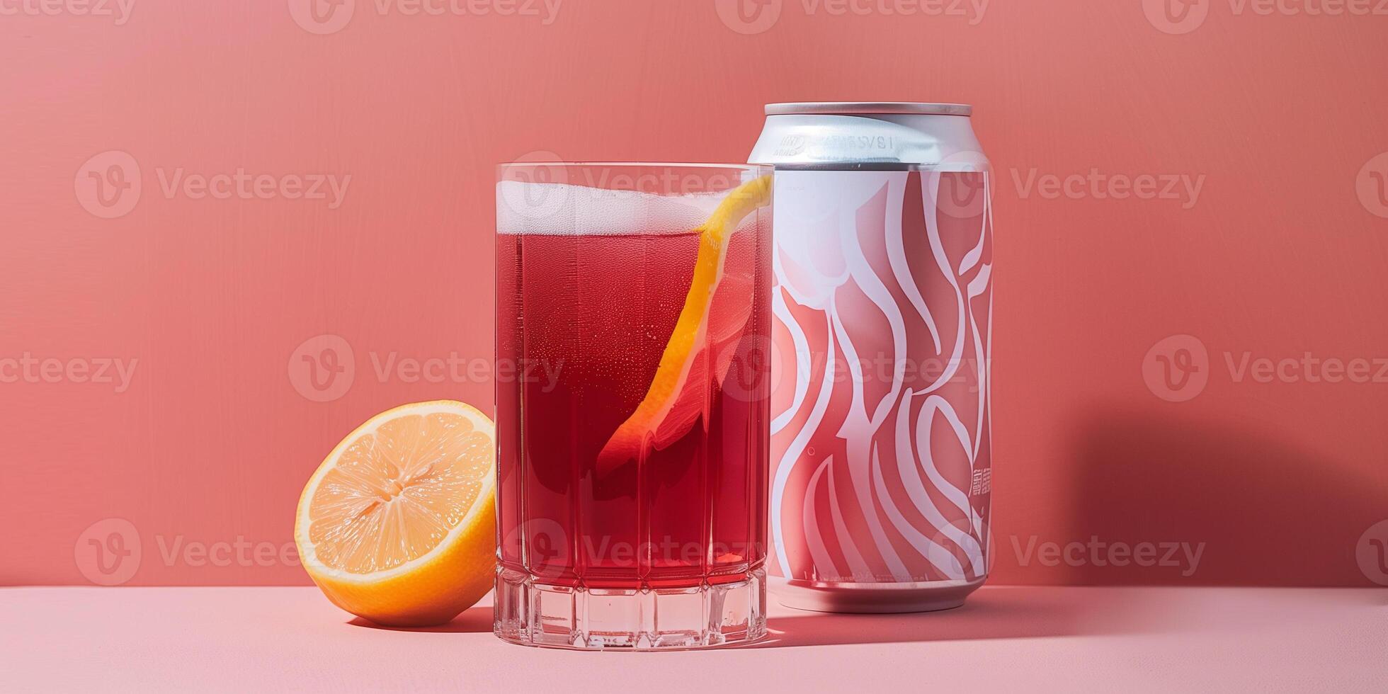 Single can with a bold label next to a glass of red liquid and a lemon wheel, food photography photo