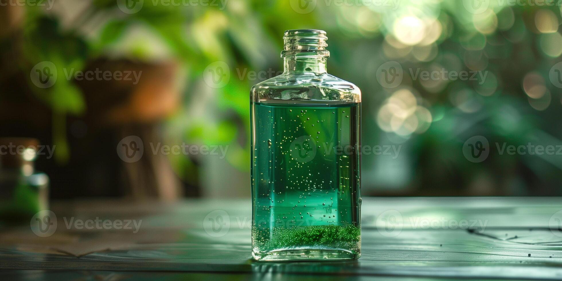 Single bottle with a screw cap, filled with a clear green liquid, food photography photo