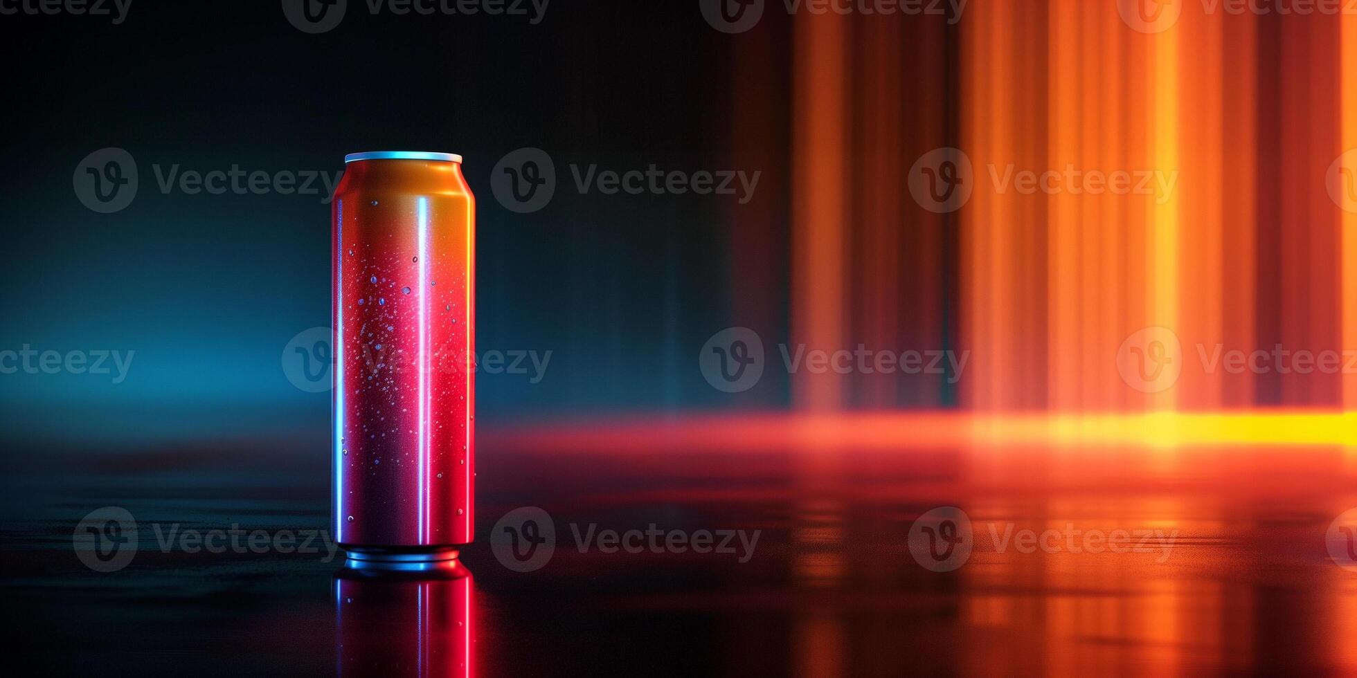 Single energy drink can, upright on a reflective surface, capturing the branding and color, food photography photo