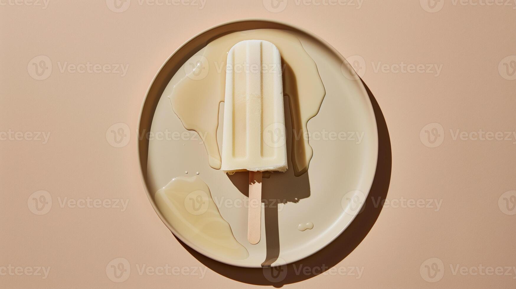 Single ice pop dripping with liquid, held horizontally above a neutral plate, culinary photography photo