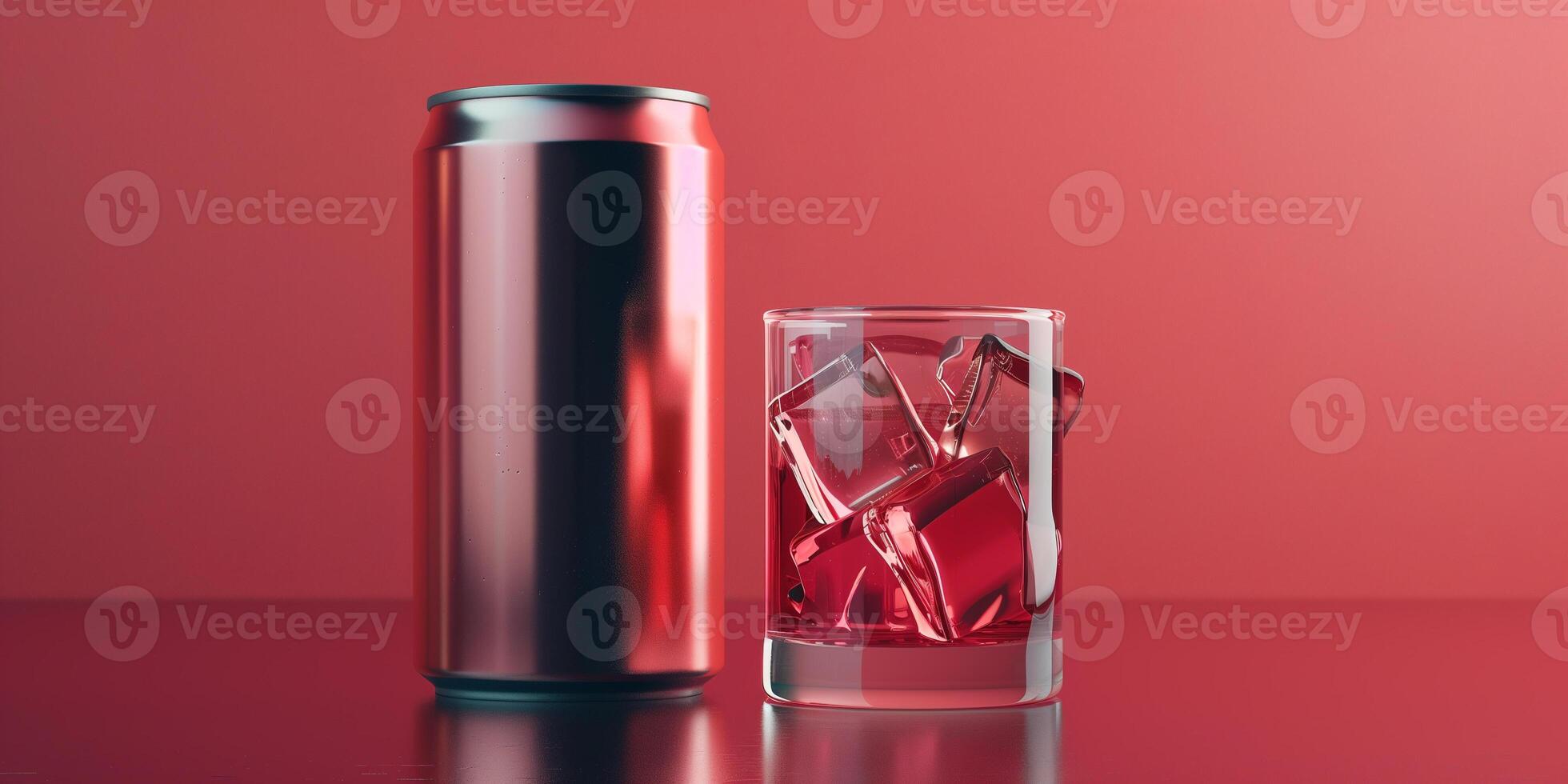 Sleek can with a modern label design beside a filled glass with a clear liquid and ice, culinary photography photo