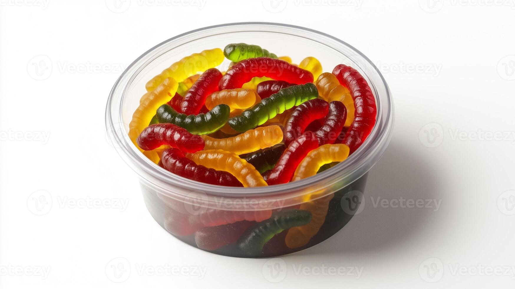Round container with chili-flavored gummy worms, neatly arranged, culinary photography photo