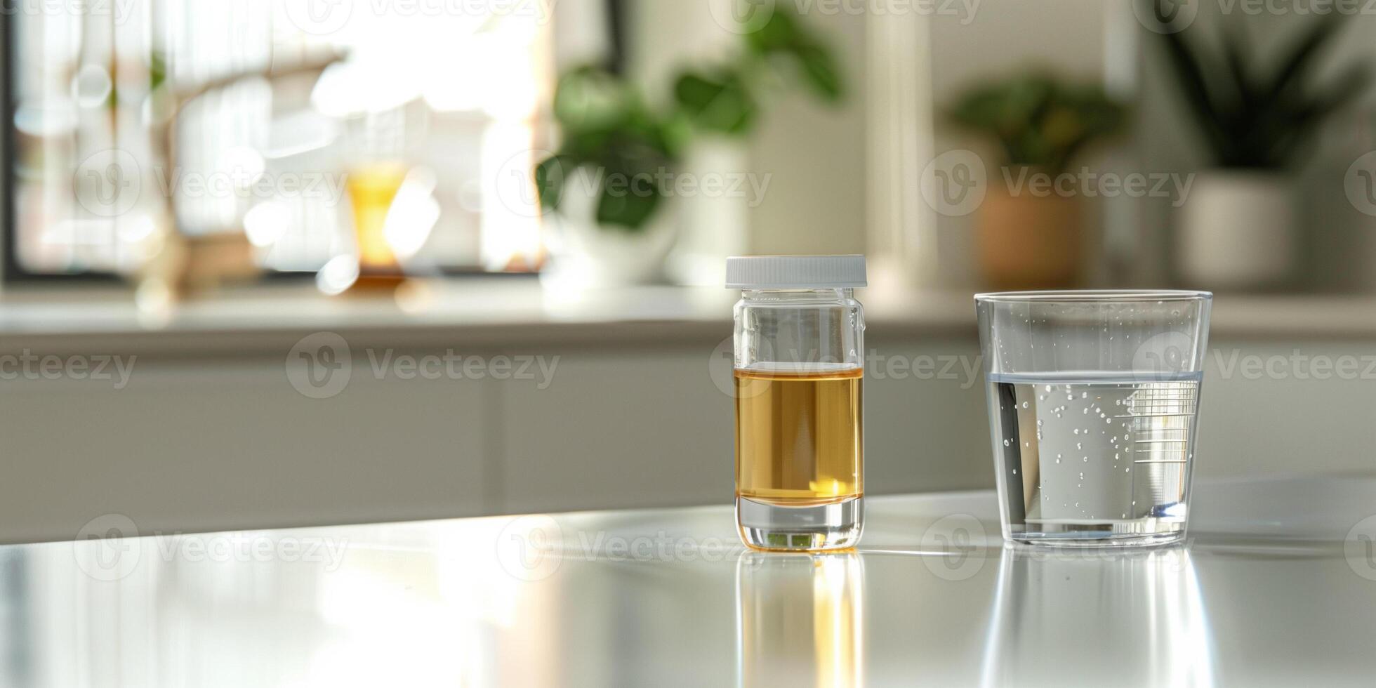Small vial of liquid electrolytes next to a glass of water on a white counter, food photography photo