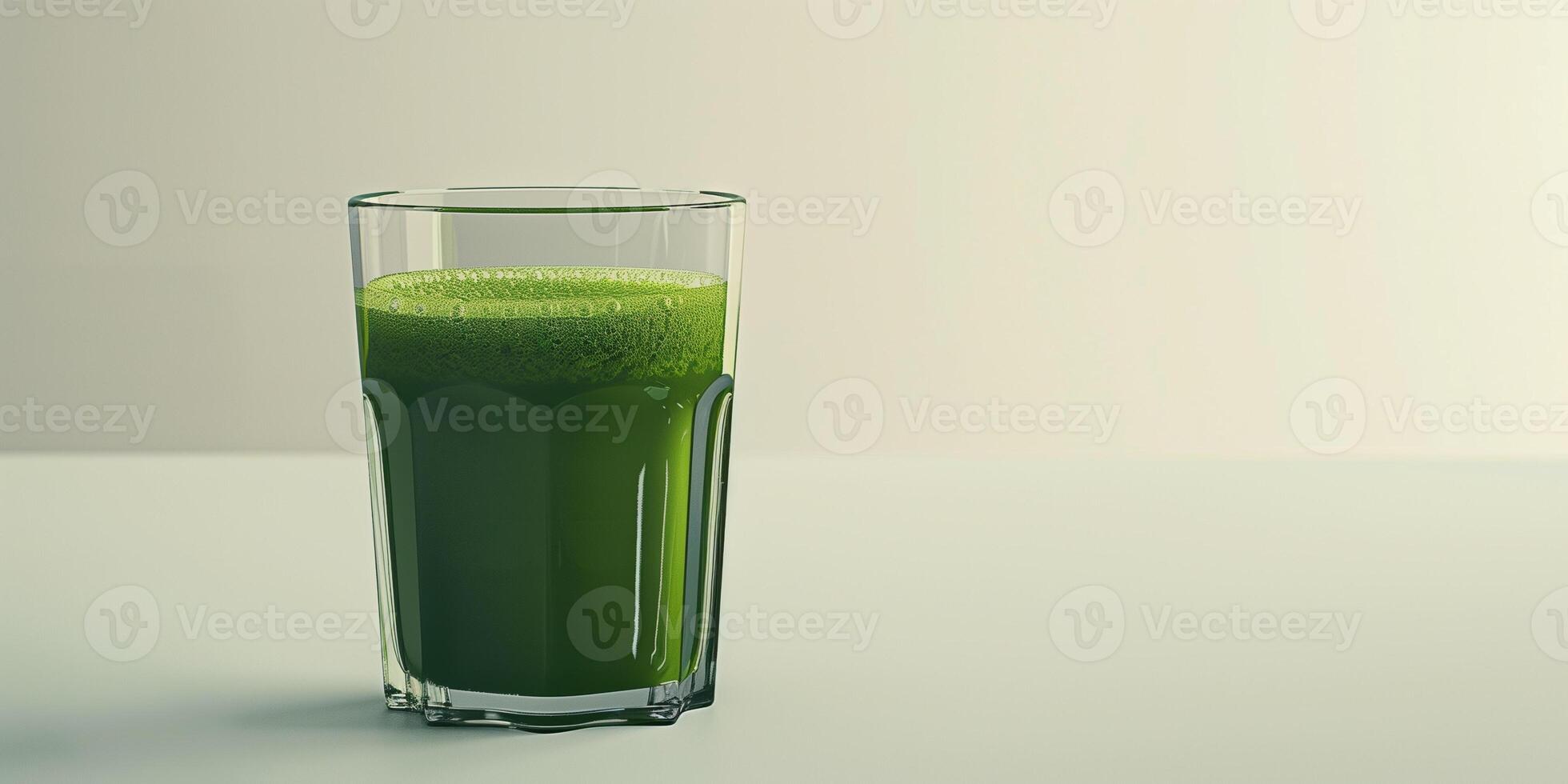 Transparent glass filled with green vegetable juice blend on plain white surface, food photography photo