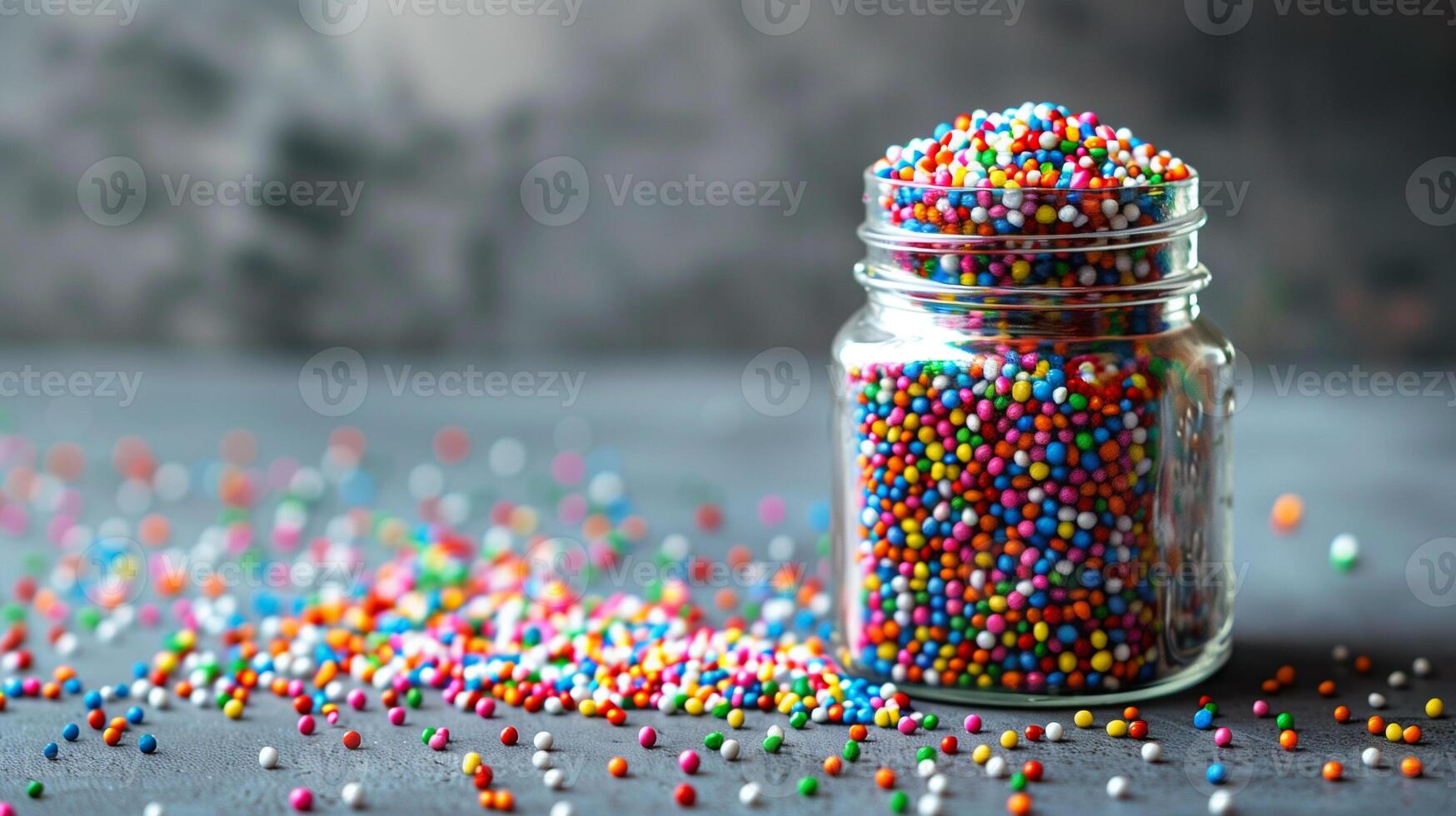 Transparent jar filled with multicolored nonpareils on a plain surface, culinary photography photo