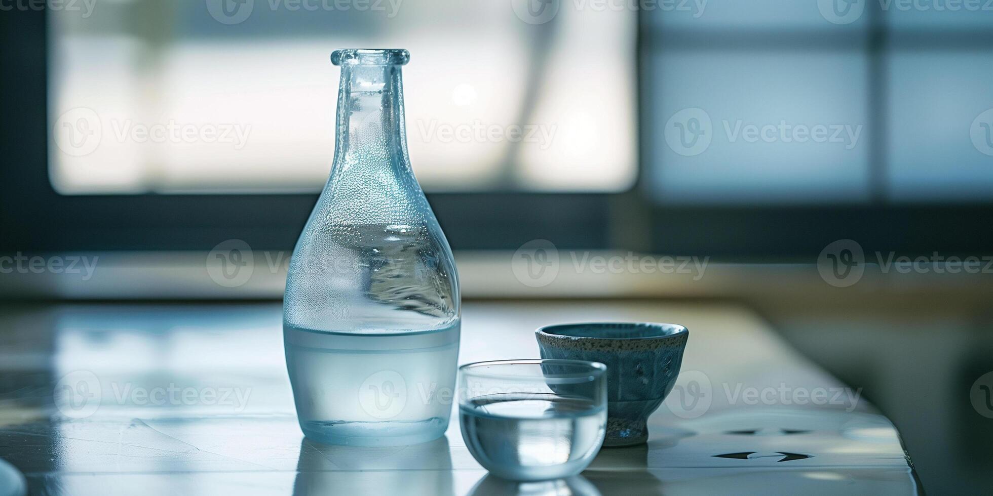 Transparent sake bottle with a cup filled with the same clear liquid on a table, culinary photography photo