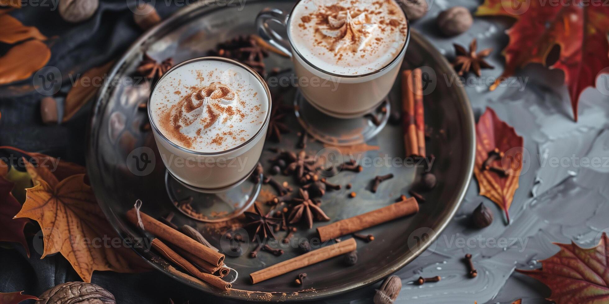 Tray holding pumpkin spice lattes in glassware, surrounded by autumn leaves and whole spices, food photography photo