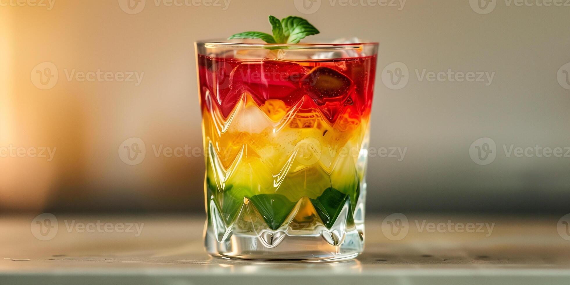 Transparent glass with layered drink in red, yellow, and green hues, food photography photo