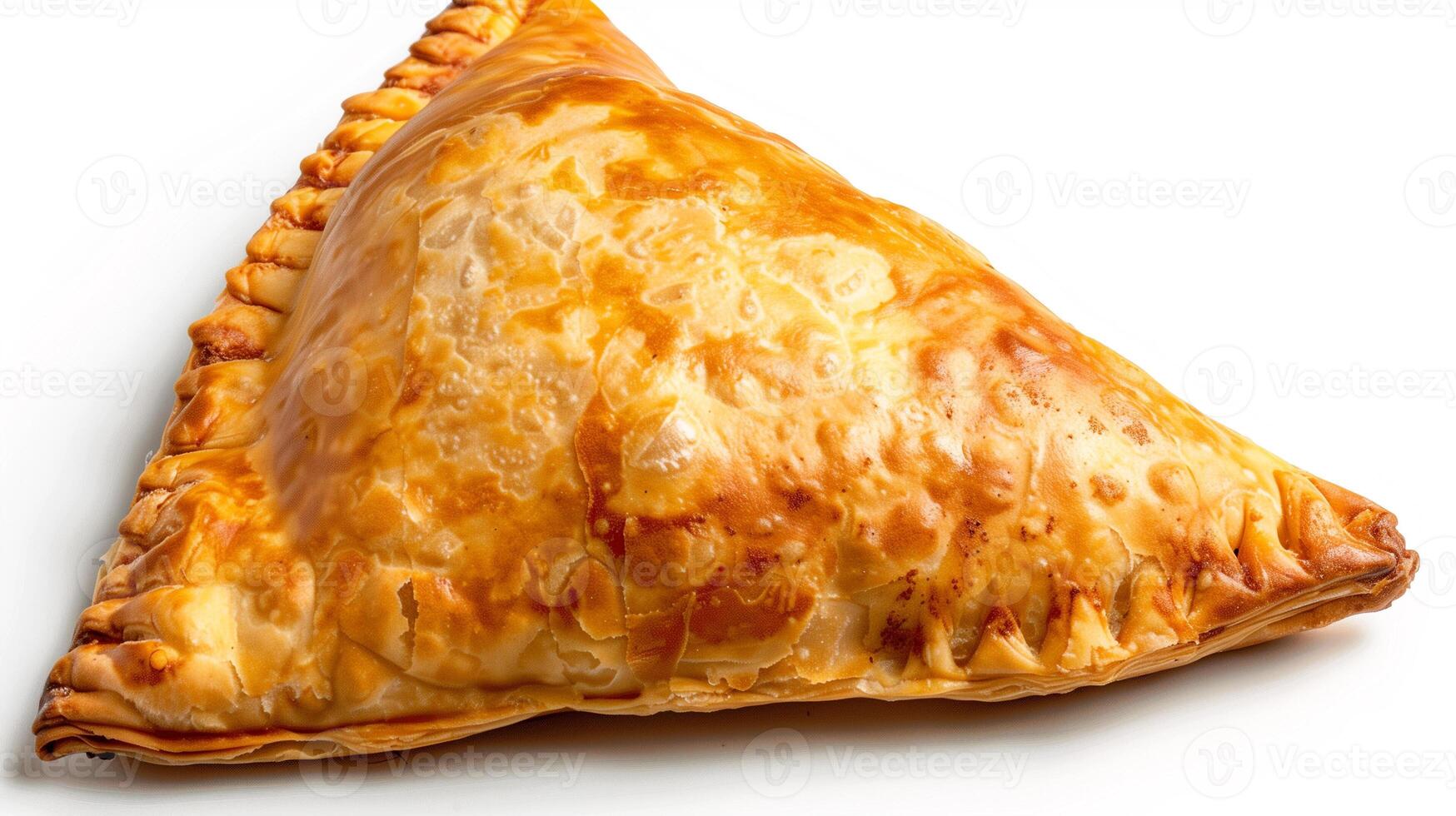 Triangular turnover with a golden-brown crust and a visible filling of fruit or cream, food photography photo