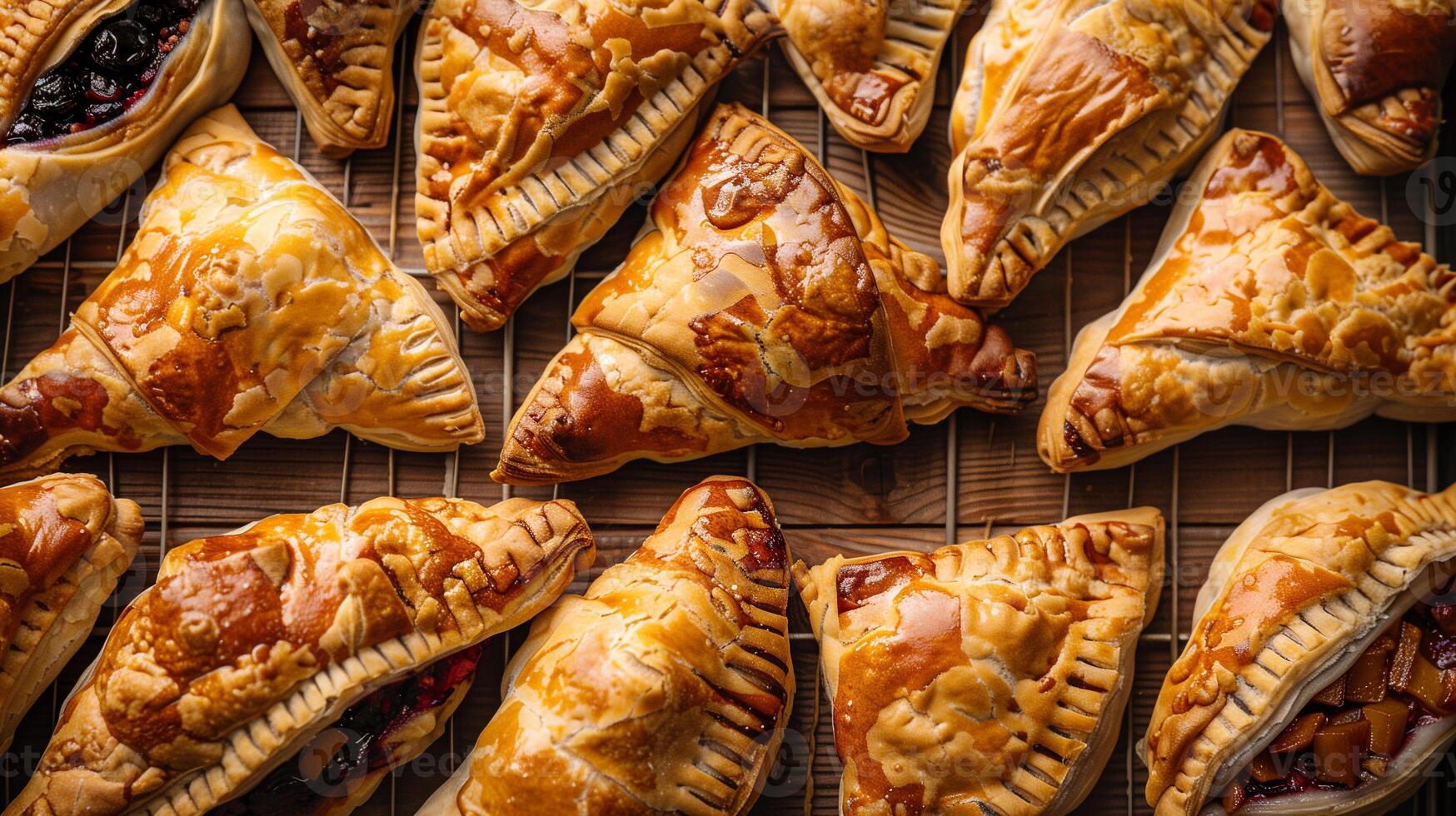 Tray of turnovers with a consistent, flaky texture and various sweet fillings, culinary photography photo