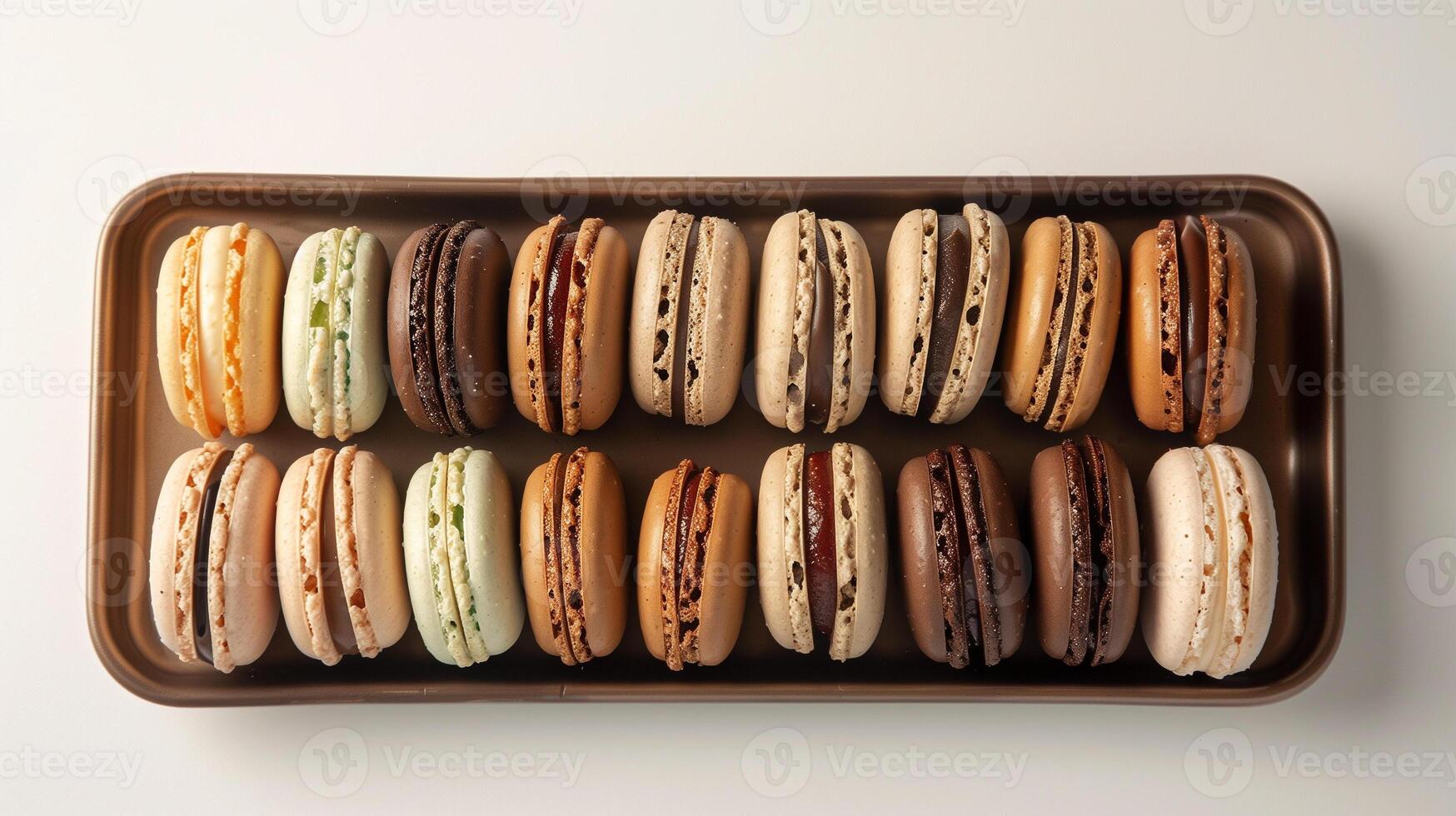 Variety of macarons, each with a different filling, neatly arranged in a row on a tray, food photography photo