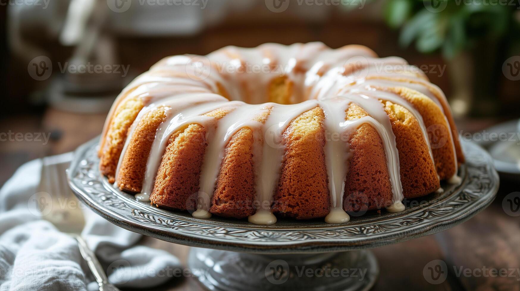 Vegan pound cake topped with a glaze, displayed on a ceramic dish with a serving utensil, culinary photography photo