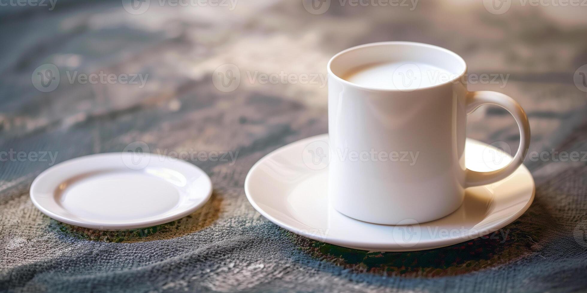 White cup filled with plant-based milk, accompanied by an empty plate on a table, food photography photo