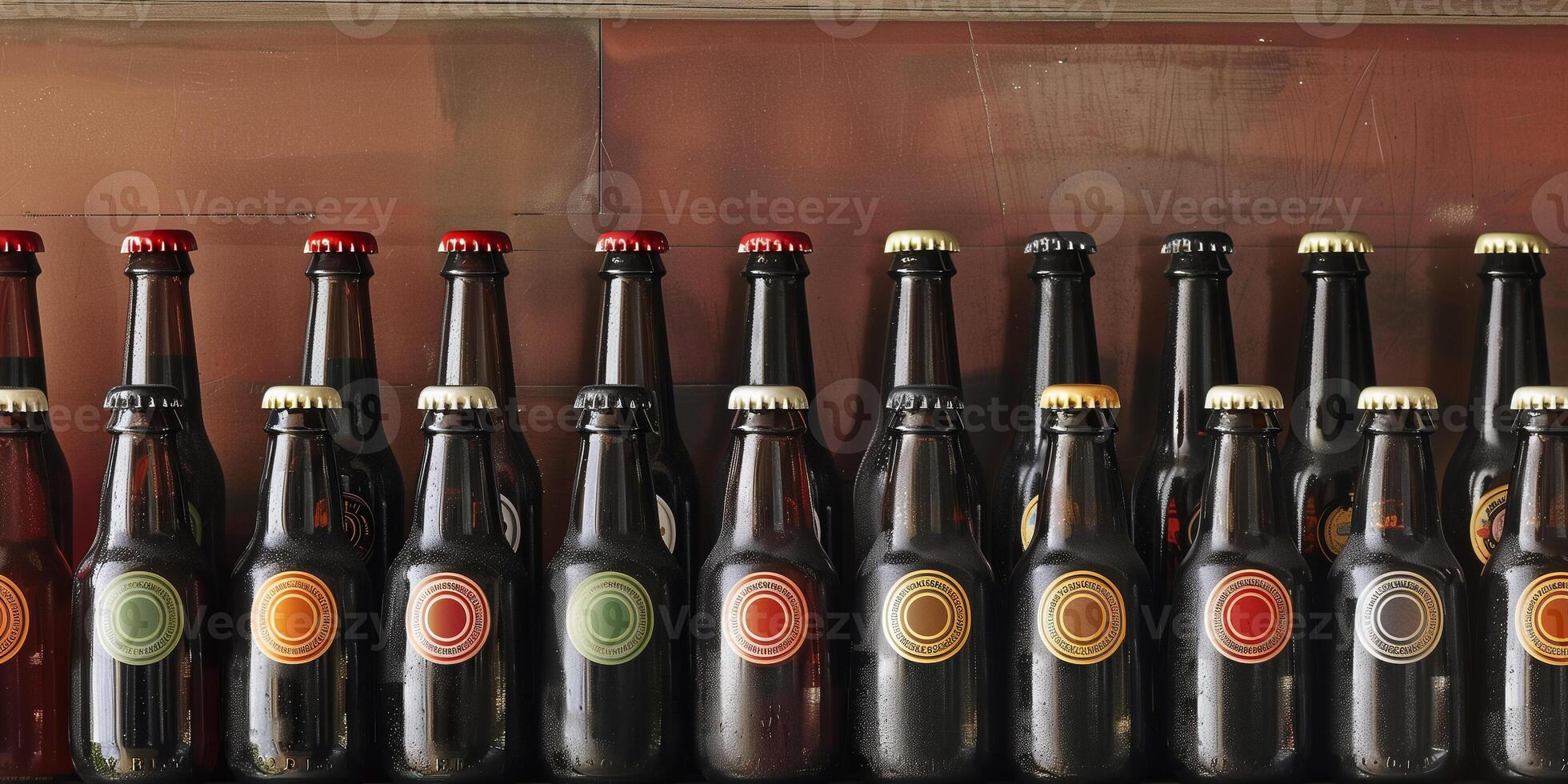 Bottles of lager beer arranged on a shelf with uniform labels and caps, food photography photo