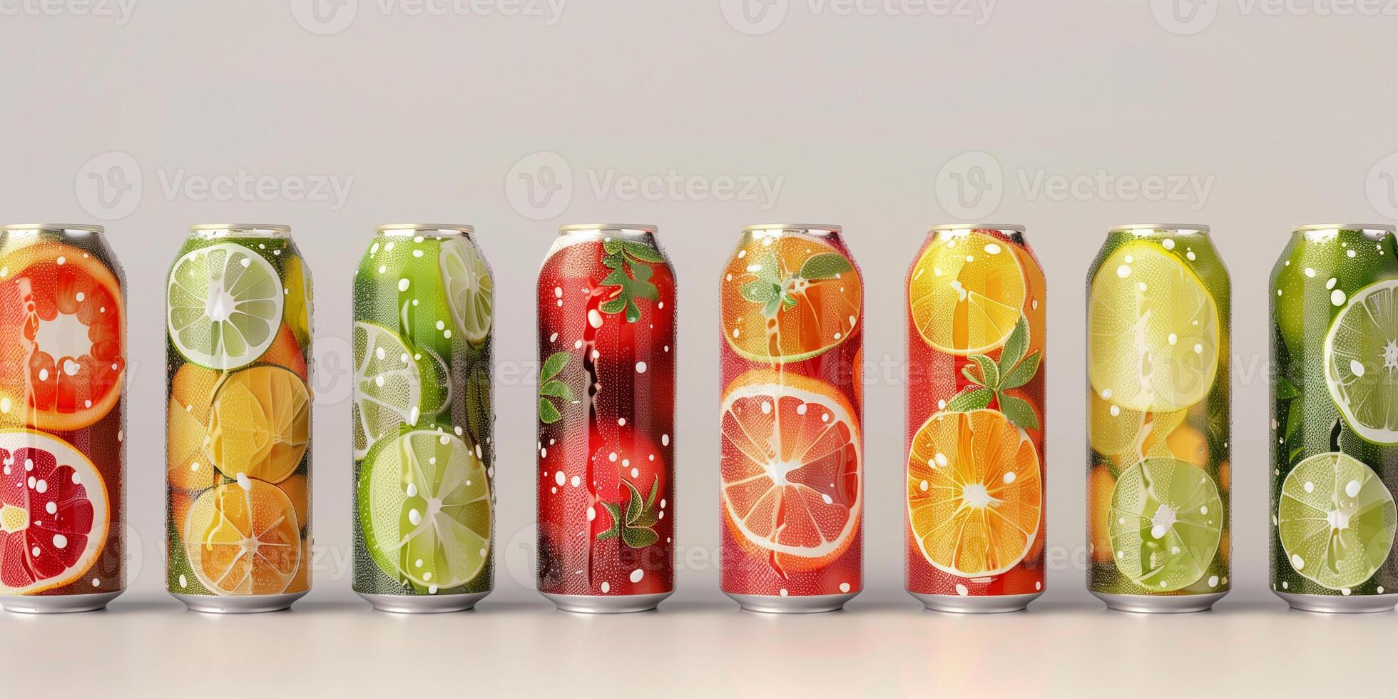 Collection of healthy soda cans with distinct natural flavor markings and brand logos, food photography photo