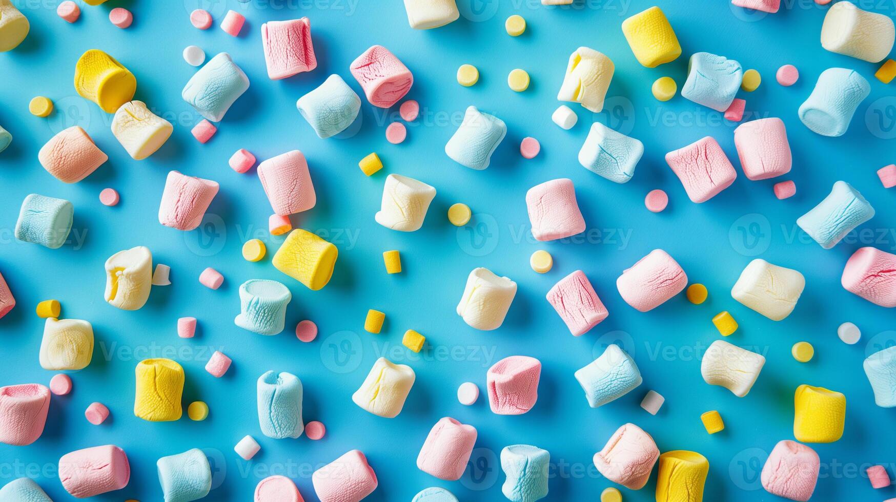 Colorful marshmallows scattered on a plain background, each indicating a different flavor, food photography photo