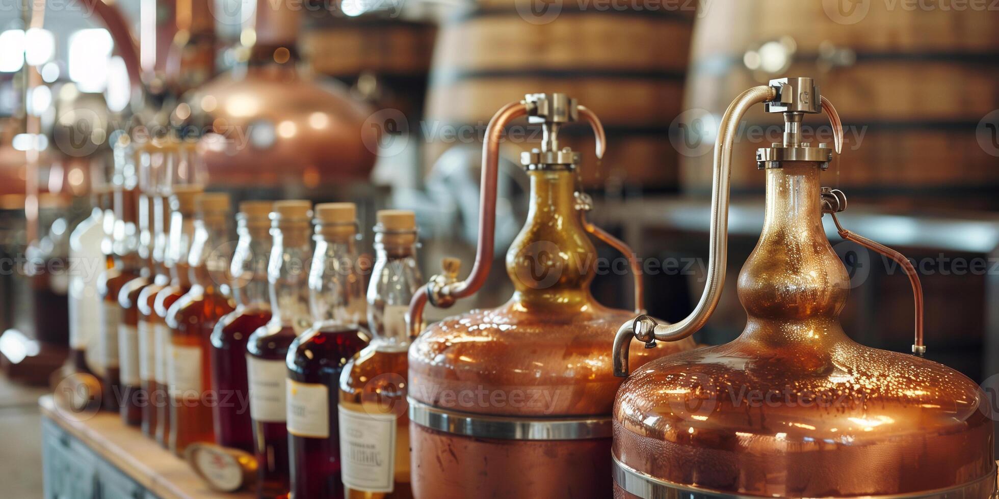Copper pot still in a craft distillery, with bottles of distilled spirits nearby, food photography photo