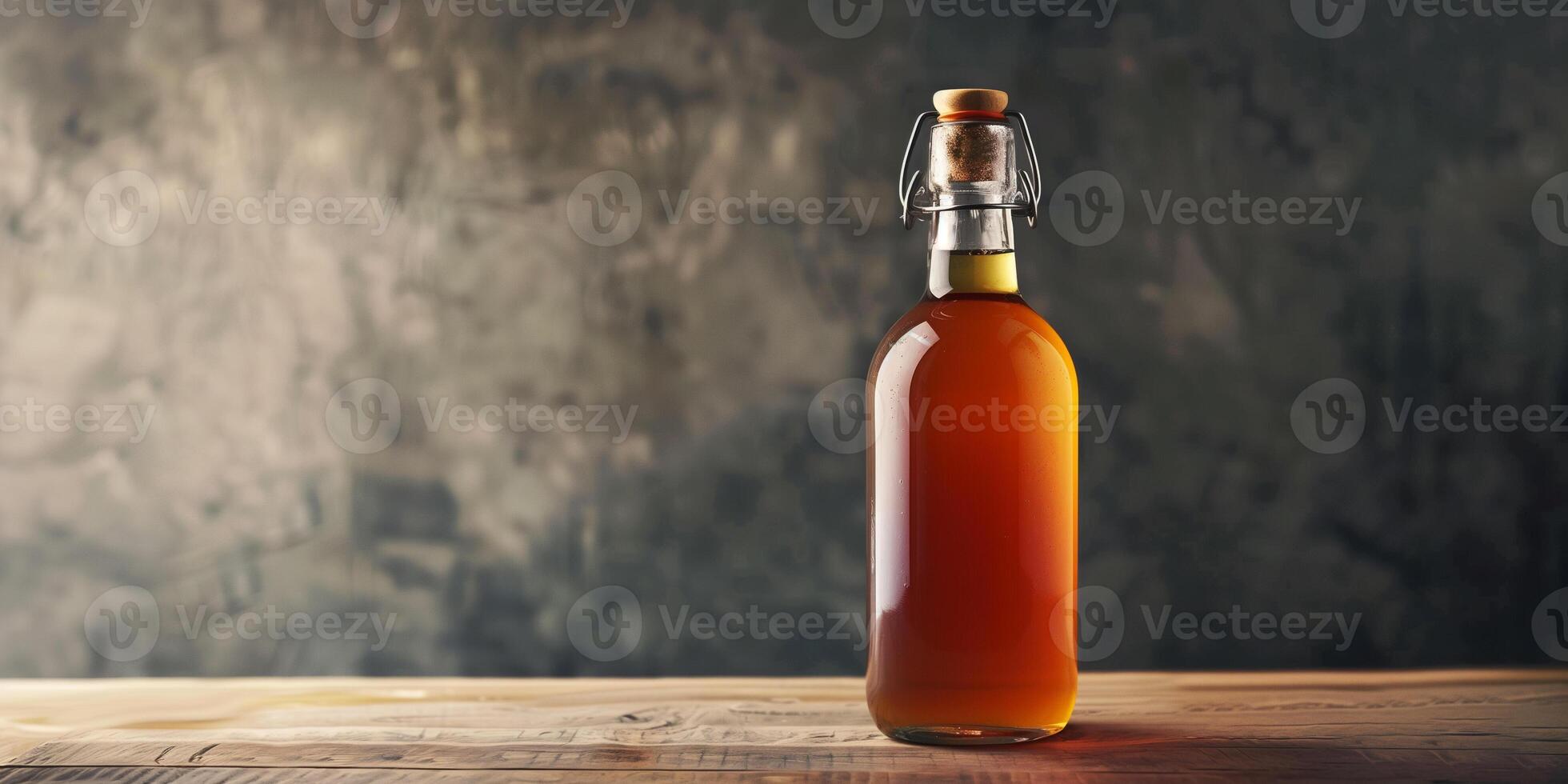 Dark glass bottle of apple cider, upright on a table, with a minimalistic label facing the camera, culinary photography photo