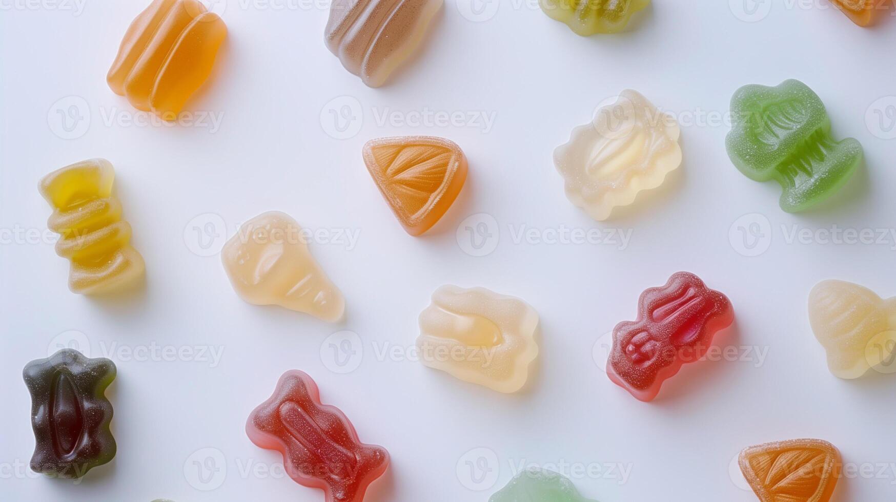 Different shaped gummy candies in multiple colors, arranged loosely on a flat white background, food photography photo