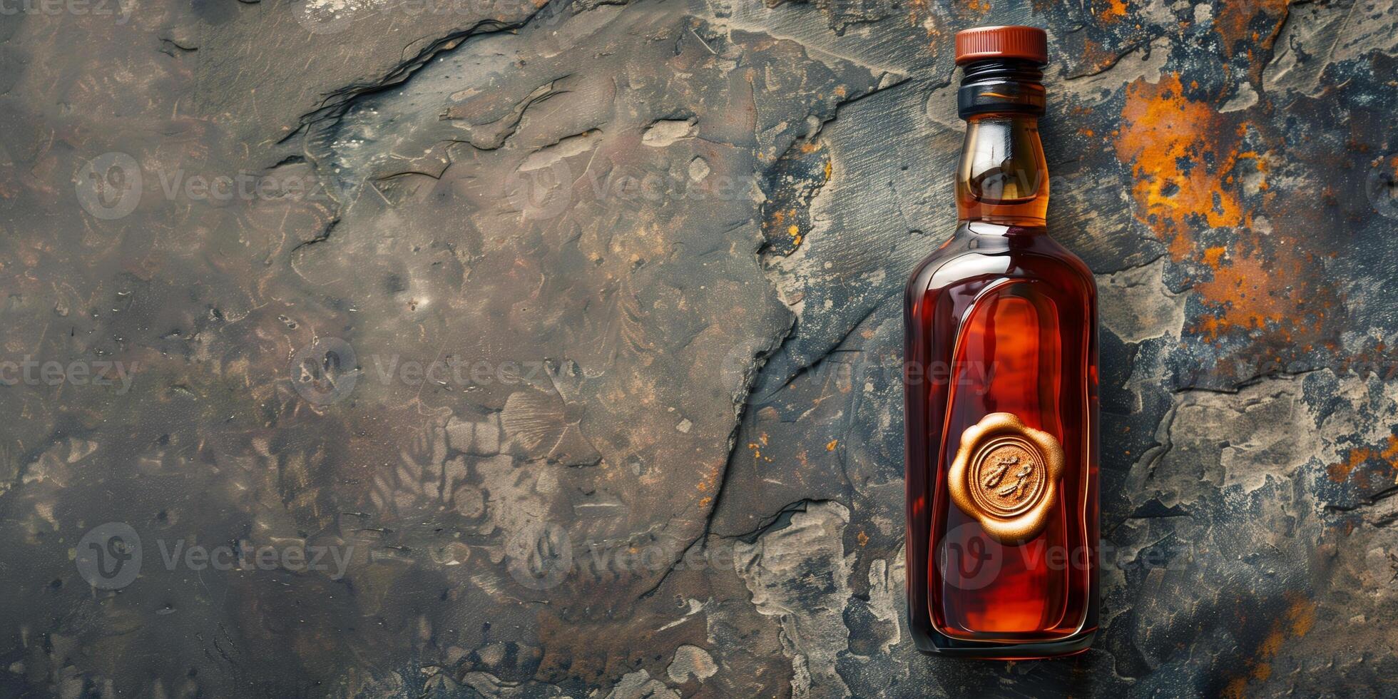 Craft distillery bottle with wax seal, on a polished stone surface, culinary photography photo
