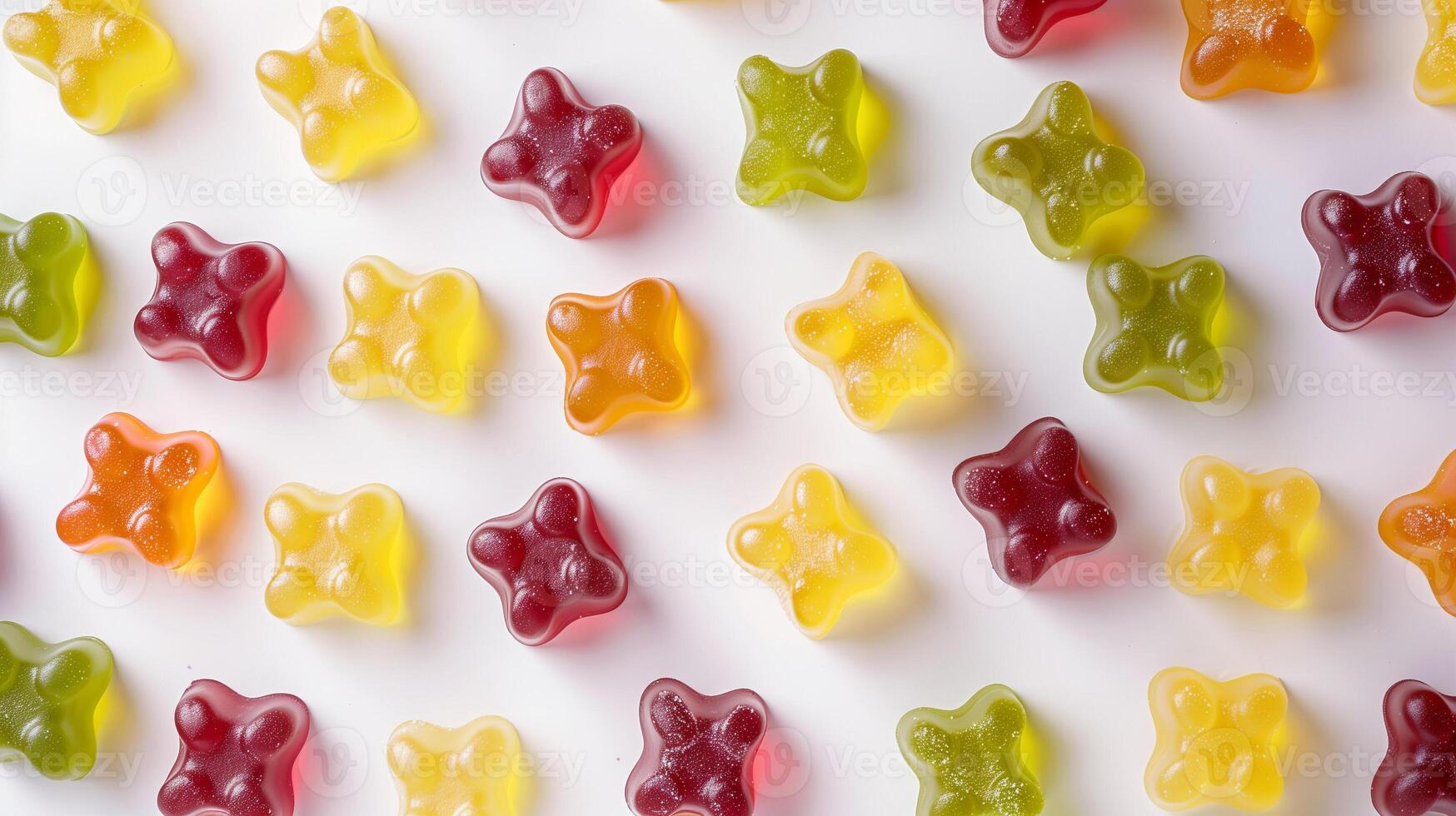 Gummy candies of different shapes and colors spread out on a clean white background, culinary photography photo