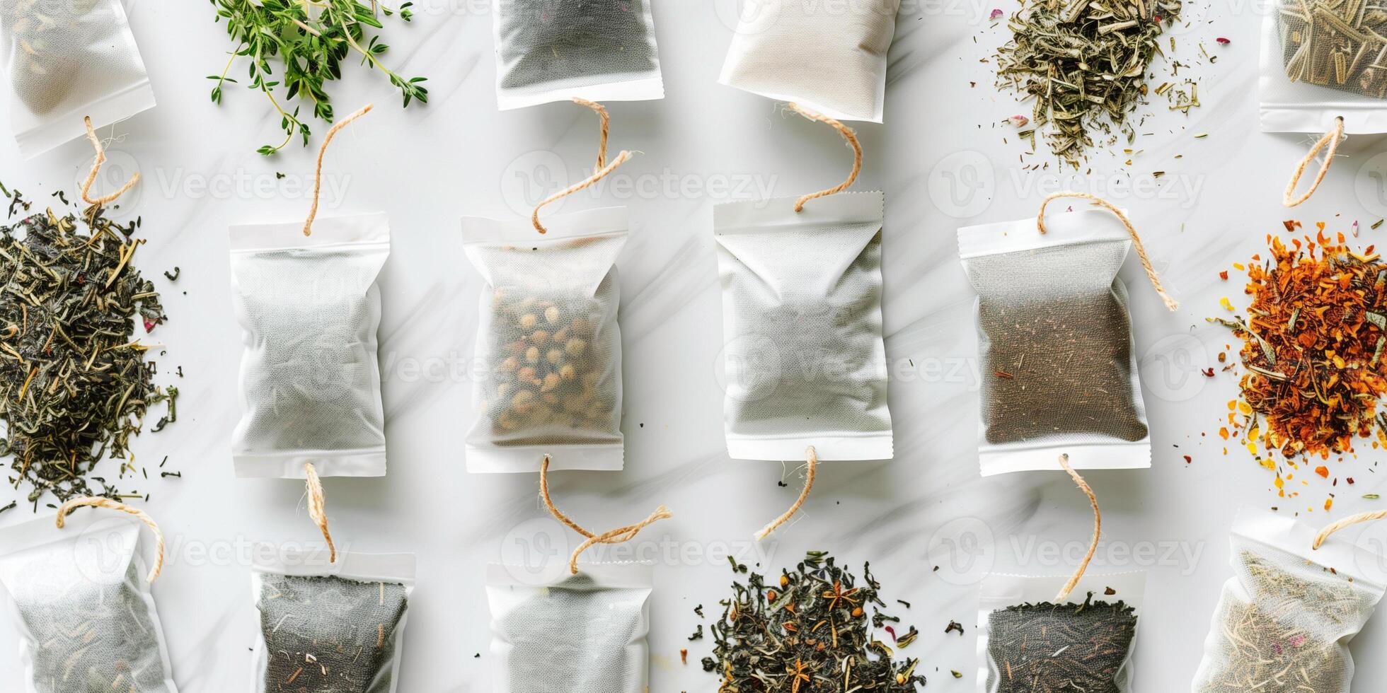 Herbal tea bags arranged in a circular pattern on a white surface, culinary photography photo