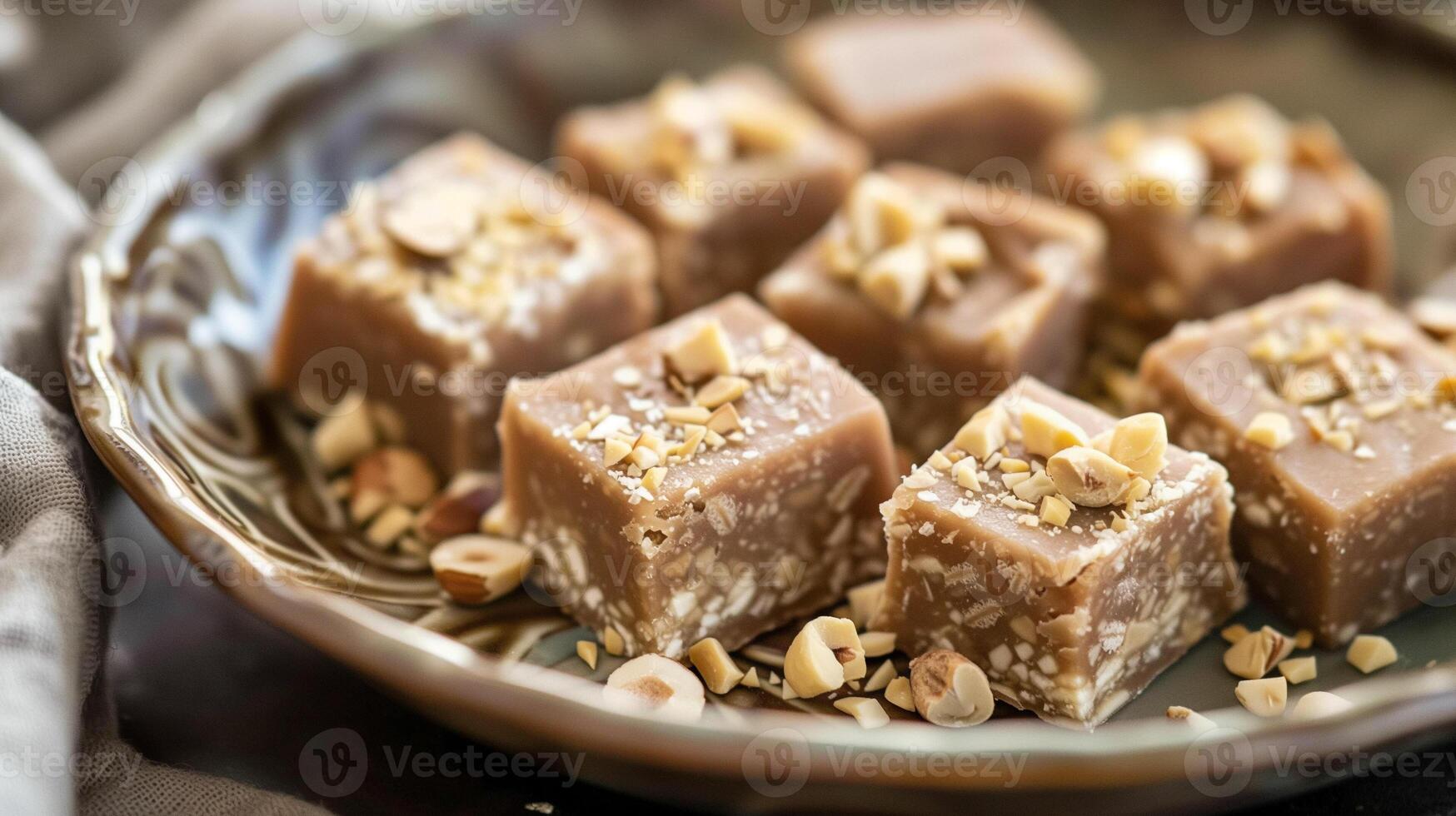 Halva squares on a ceramic dish, with visible nut pieces and dense texture, culinary photography photo