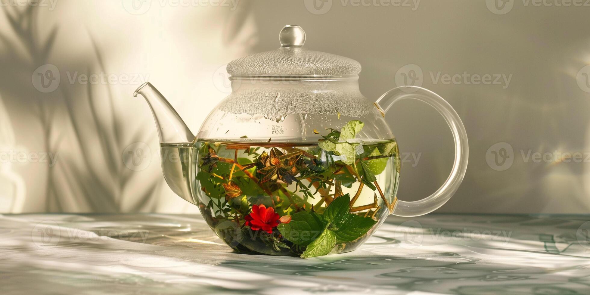 Herbal tea leaves steeping in hot water within a transparent glass teapot, culinary photography photo