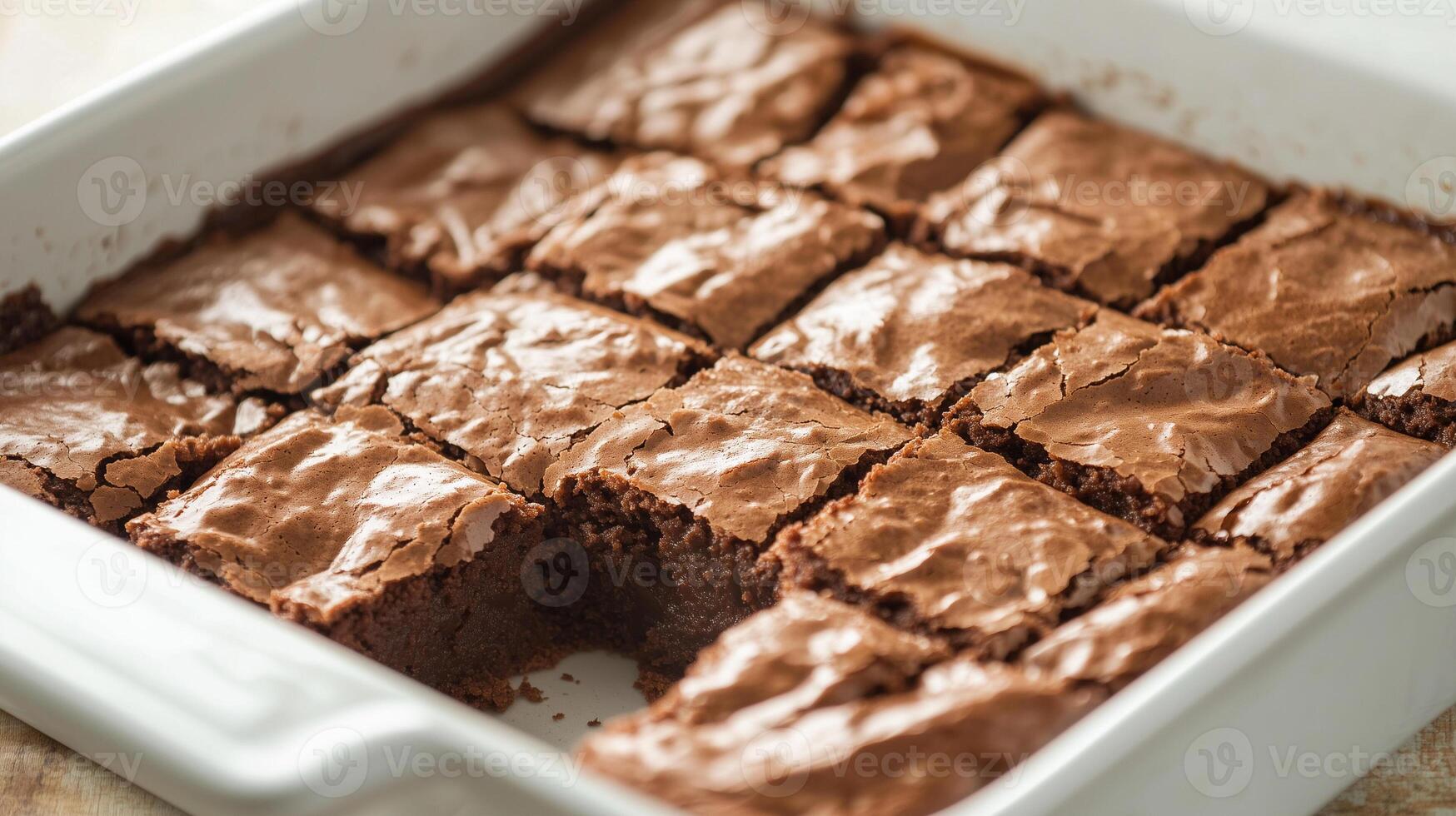Baking dish containing an even layer of brownies, with a corner piece partially removed, photorealistic food photo