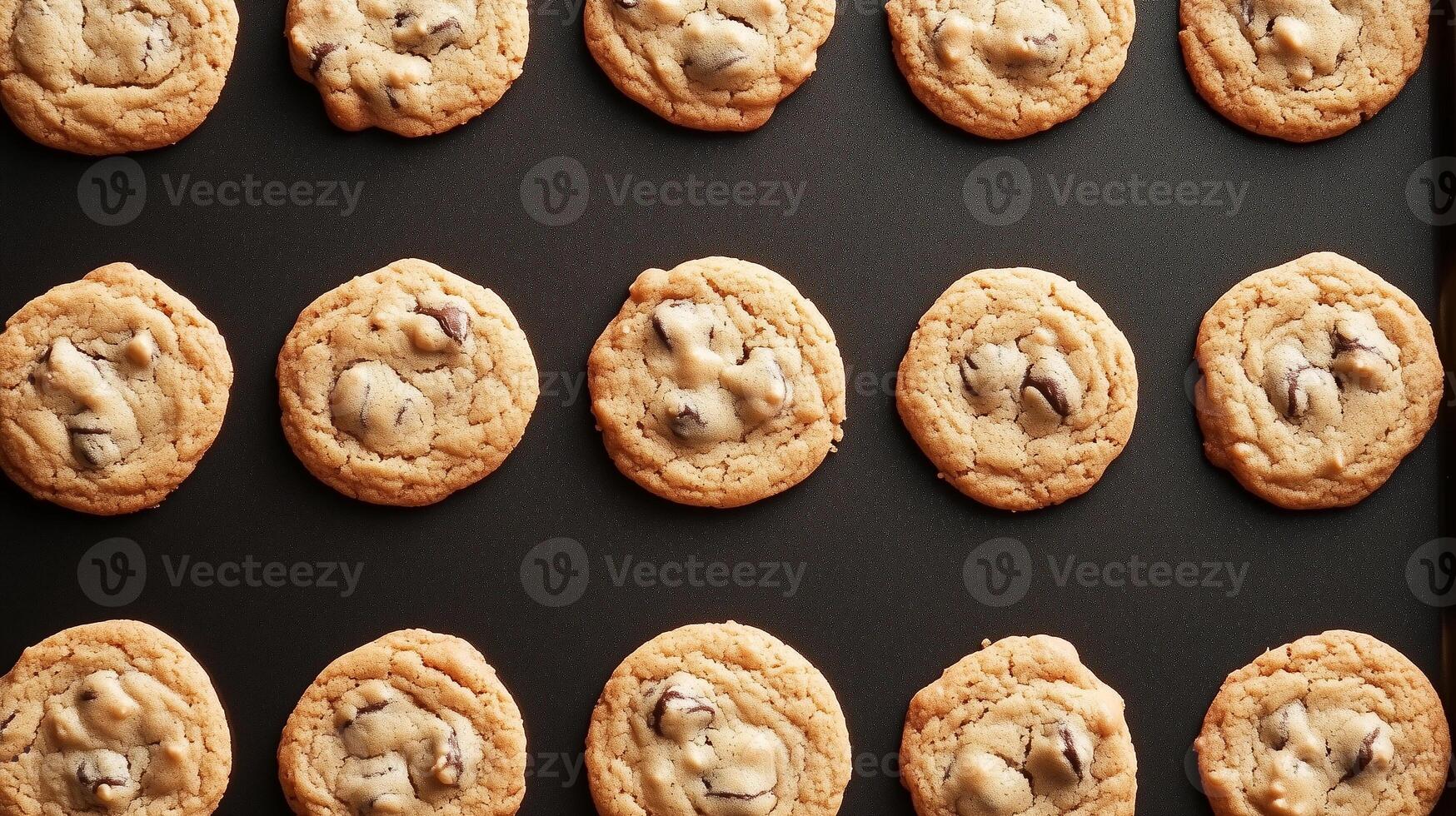 Baking sheet filled with perfectly spaced, identical cookies fresh from the oven, gastronomy photography photo