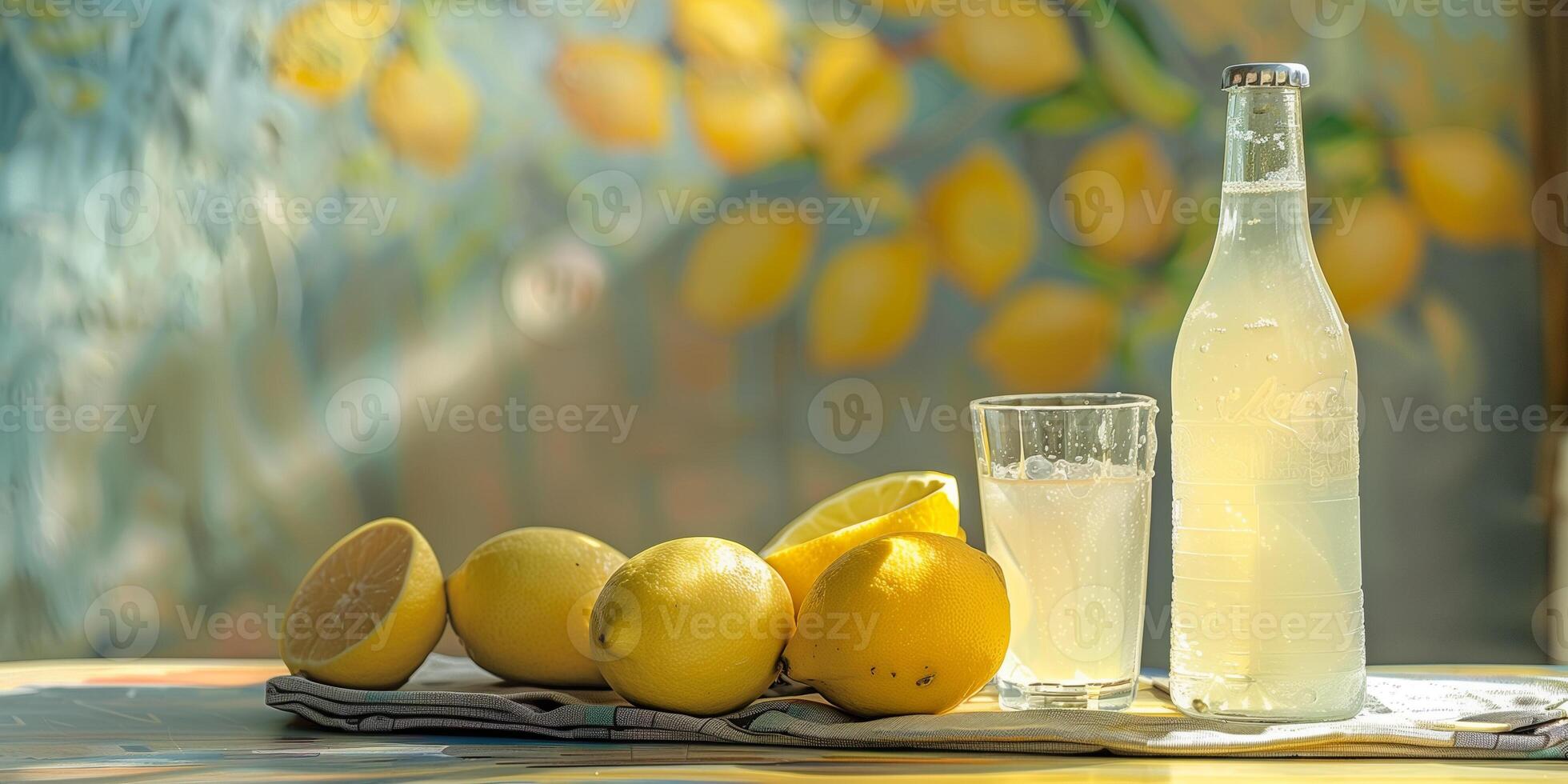 Bottle of diet lemonade with no sugar beside a glass filled with the lemonade on a table, gastronomy photography photo