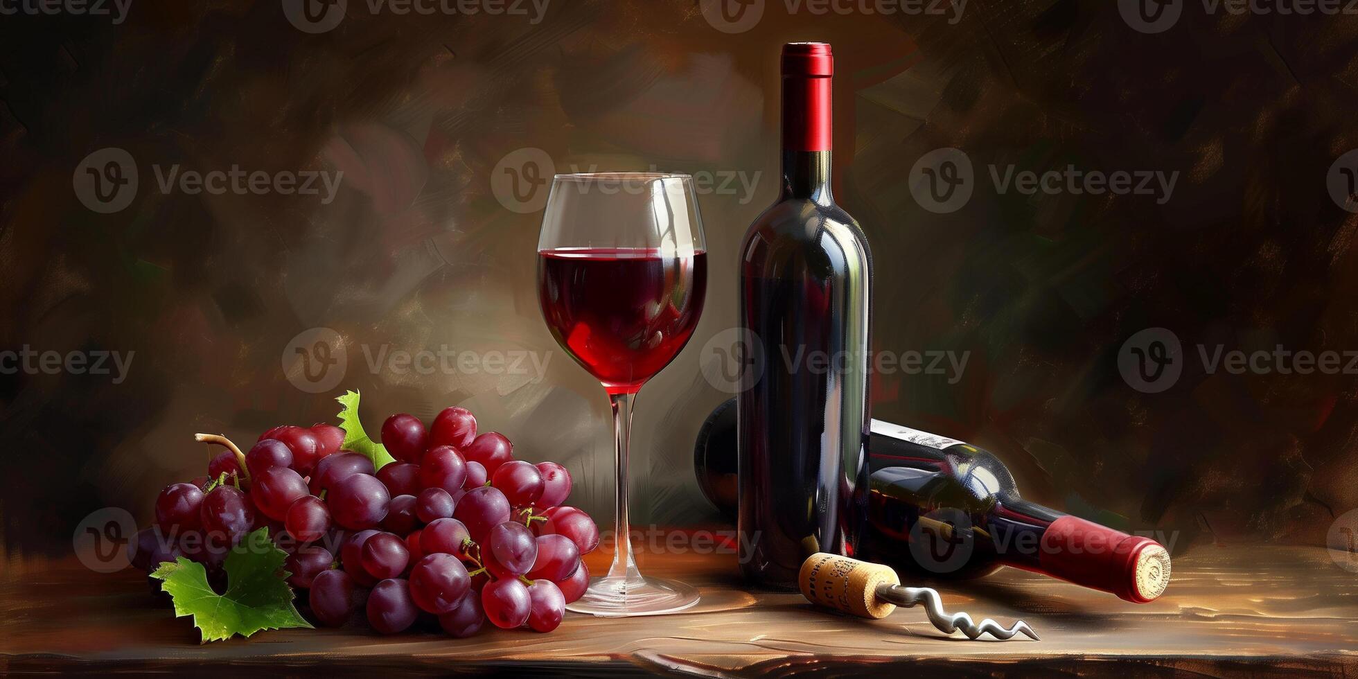 Bottle of red wine and a filled glass, with grapes and a corkscrew nearby, gastronomy photography photo