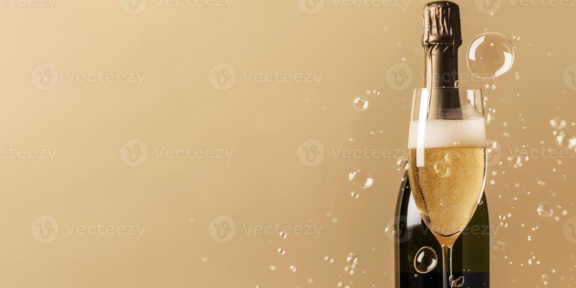 Bottle of sparkling wine with filled flute, visible bubbles, gastronomy photography photo