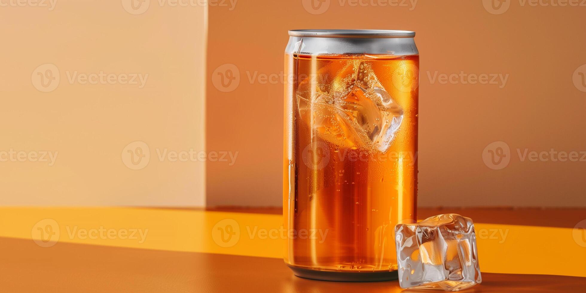 Can with minimalist branding next to a filled glass containing an orange liquid and ice, gastronomy photography photo