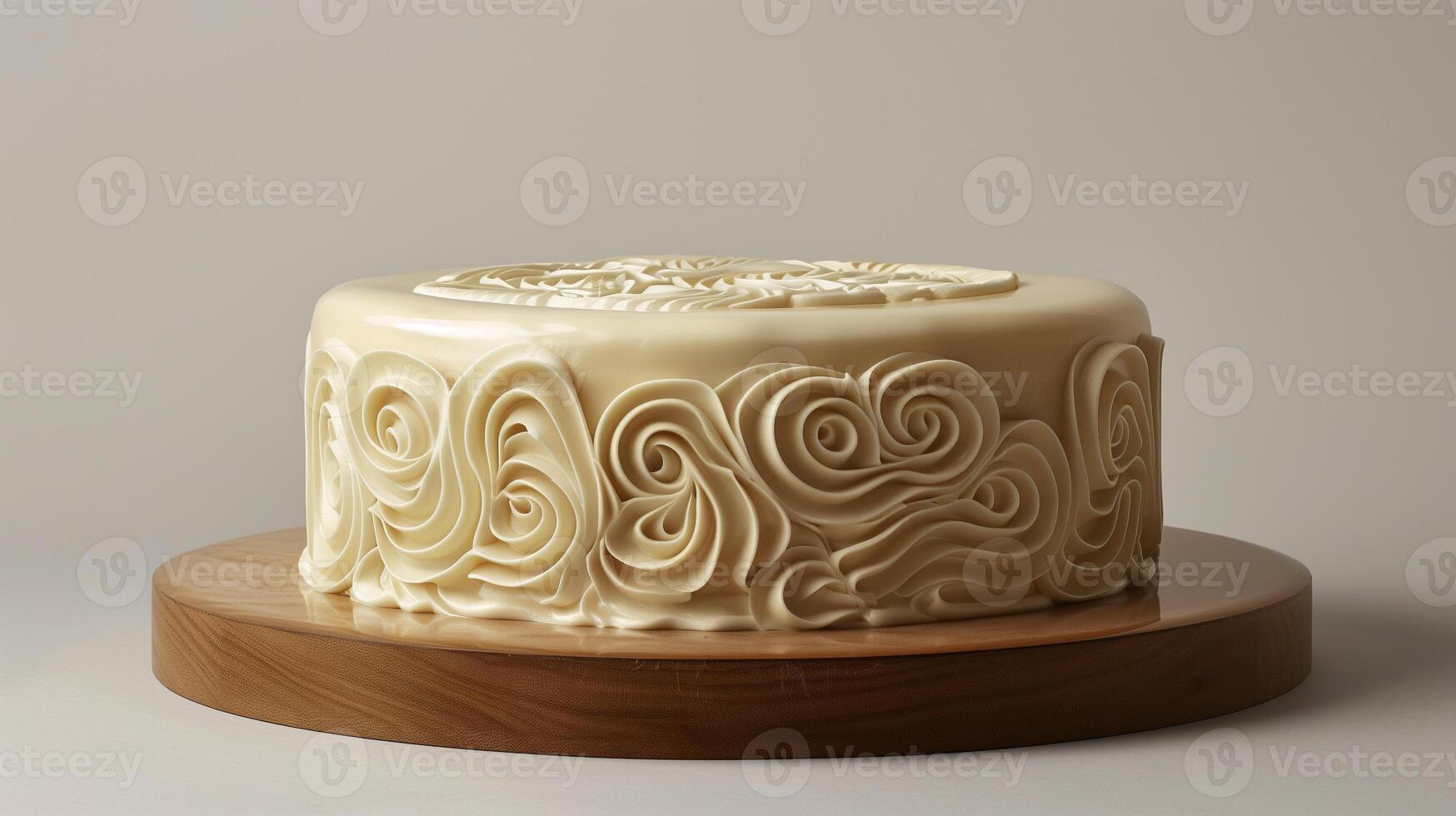 Cake with a smooth top, featuring a pattern of swirls, sitting on a round cake board, photorealistic food photo